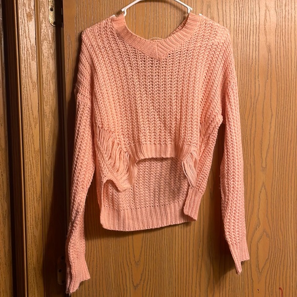 High low pink distressed knitted v-neck sweater - Picture 1 of 2